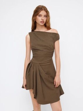 Cider NWT Brown Gingham Draped Mini Dress Off Shoulder Tie Waist XL
